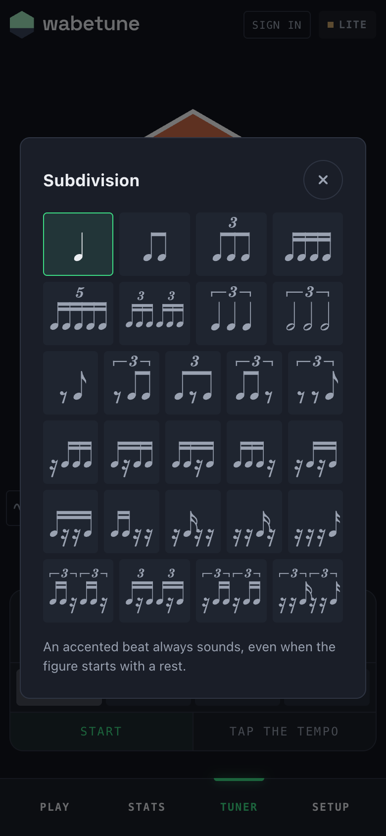The sheet of 27 rhythmic figures to fill the beat, those without rests first.