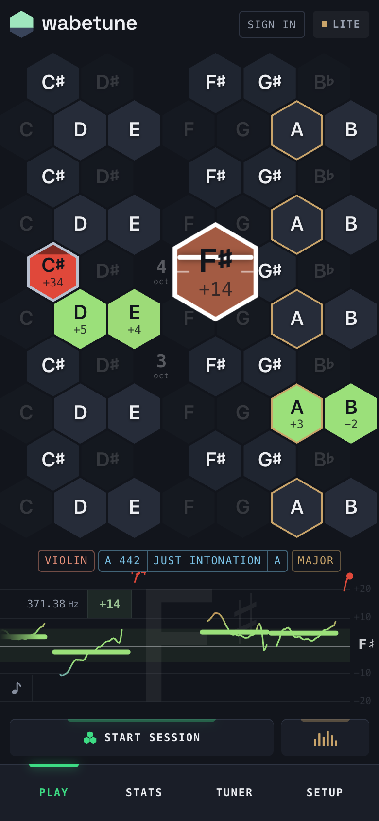 The Play screen: the map of hexagons, the chips, the intonation trace, the record button and the row of places.