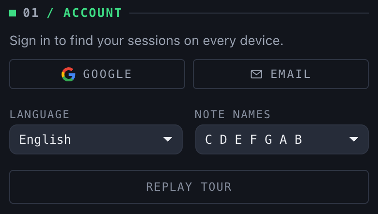 01 Account: Google and Email buttons, language, note names, Replay tour.