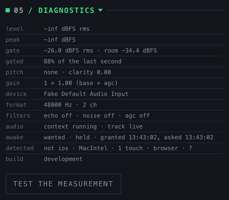 05 Diagnostics: a table of live microphone figures and the Test the measurement button.